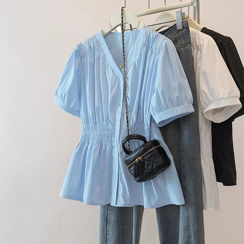 200 Pounds Plus Size Elastic Waist Office Lady Trend Shirt And Blouse Short Sleeve Solid Top Women Clothing V-neck French Chic